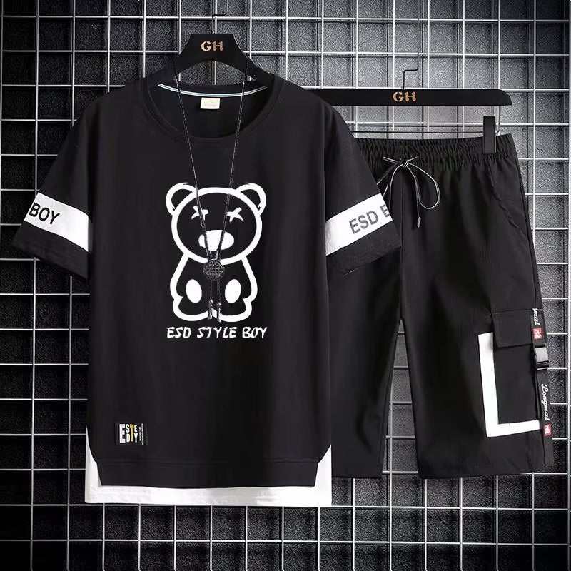 Black mens joggers sets with printed bear t-shirt and sport shorts for casual summer wear
