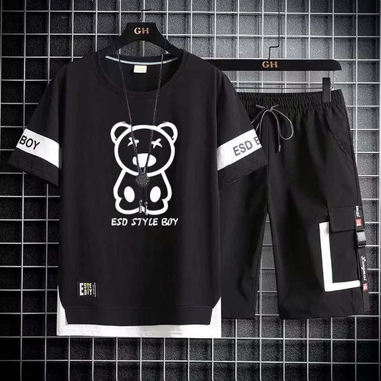 Black mens joggers sets with printed bear t-shirt and sport shorts for casual summer wear