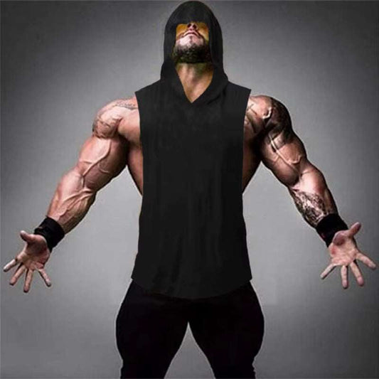 Muscular man wearing black plain bodybuilding hooded tank top for gym workouts