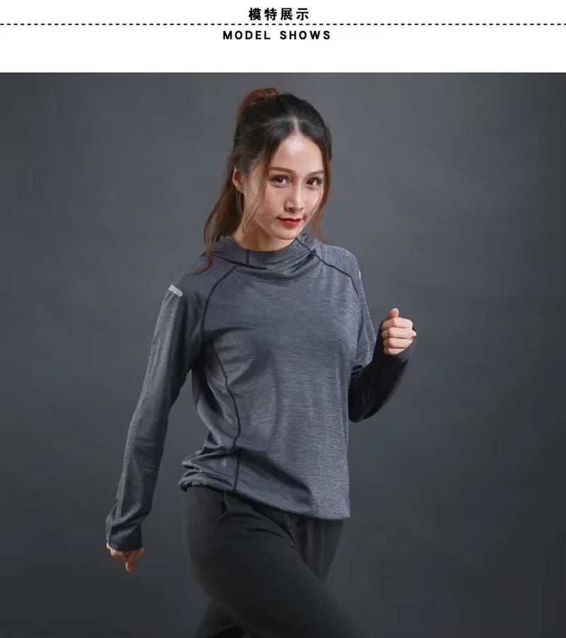 Autumn Thin Women Running T Shirts Gym Fitness Long Sleeves Sweatshirts Quick Dry Training Breathable Hood Sports Yoga Clothing