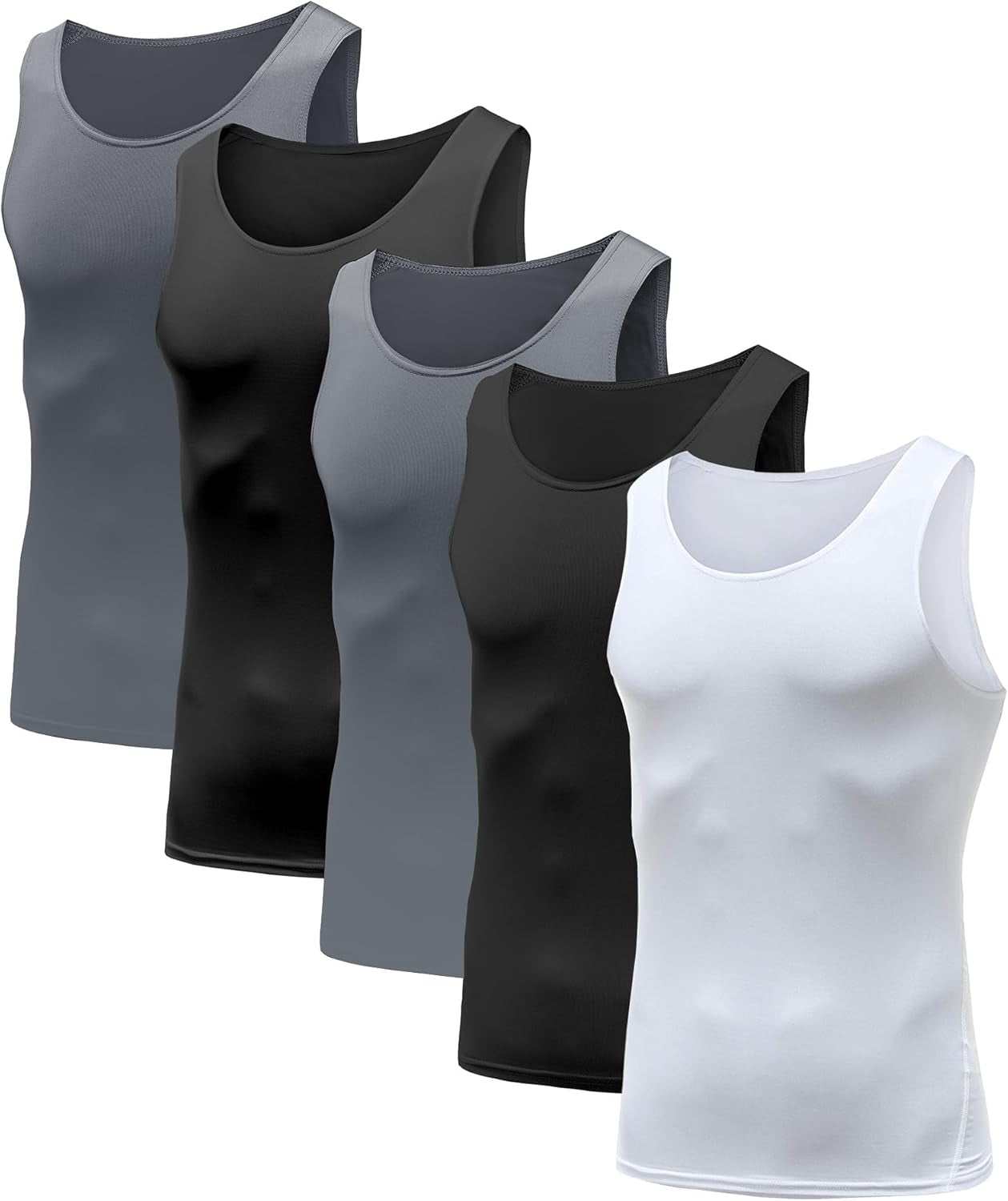 Men's sleeveless compression tank tops in black, gray, and white, designed for muscle support and gym workouts.