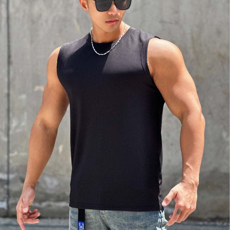 Summer Workout Vest Exercise Sleeveless round Neck Striped Quick-Drying Breathable Basketball Running Training Clothing Men