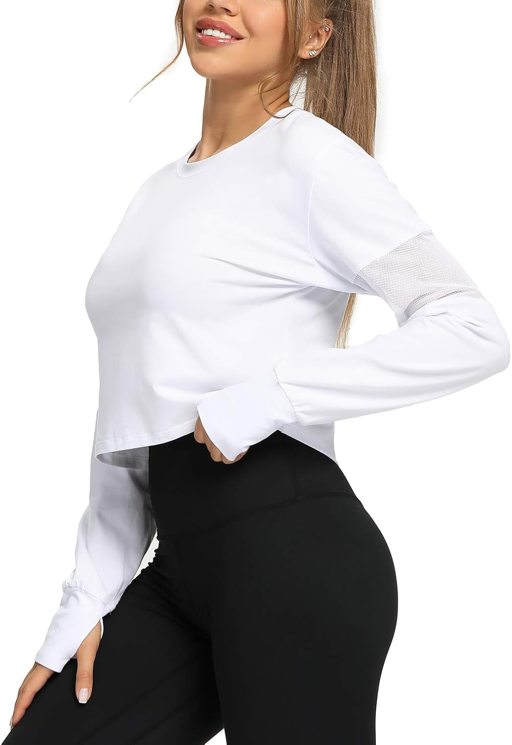 Elevate Your Workout with Our Stylish Long Sleeve Crop Tops for Women - Perfect for Yoga and Running with Mesh and Thumb Hole Design