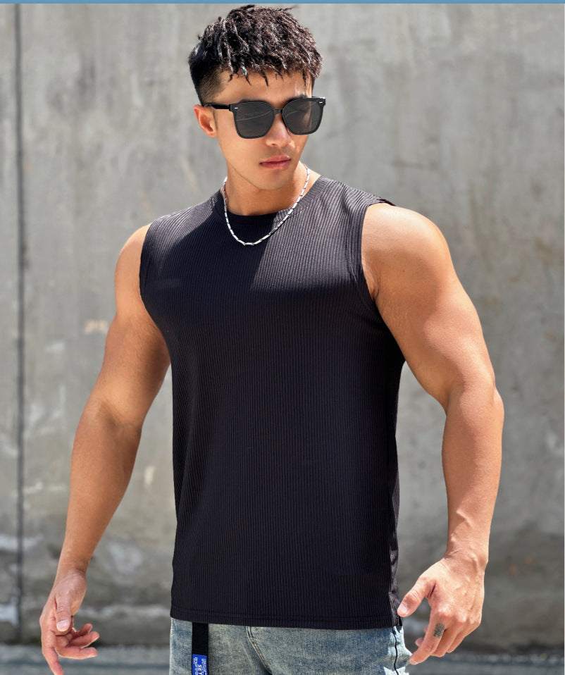 Summer Workout Vest Exercise Sleeveless round Neck Striped Quick-Drying Breathable Basketball Running Training Clothing Men